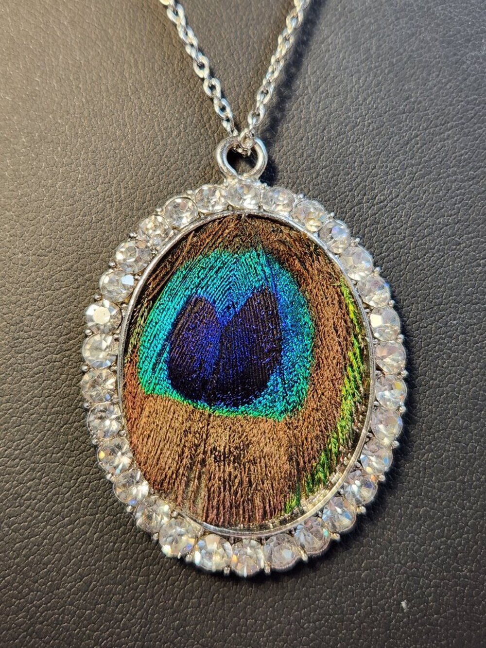 VTG Artisan Genuine Peacock Feather Crystal Halo 925 Pendant Necklace 18"